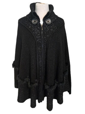 Alexa's Black Sparkly Knit Zip Up Poncho Cape Jacket Faux Fur Trim Women's L